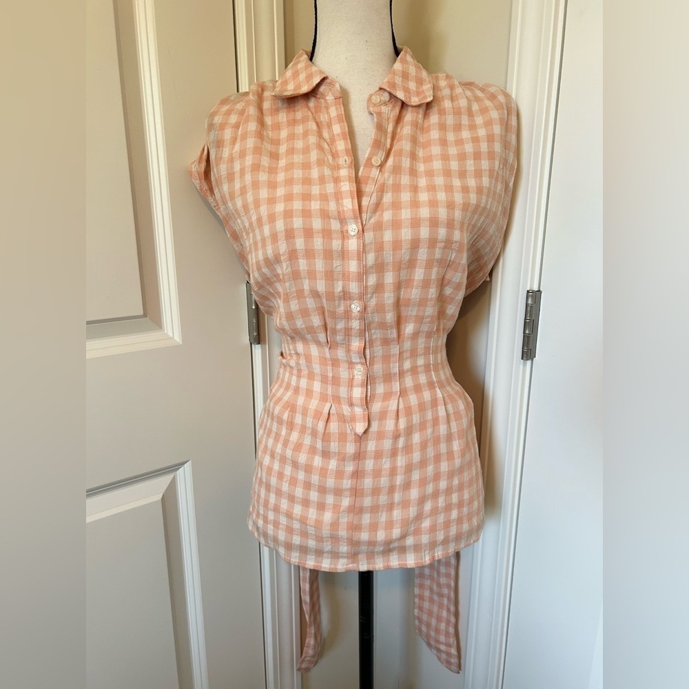 NWT Max Studio Peach Gingham Women's button down  sleeveless collared top